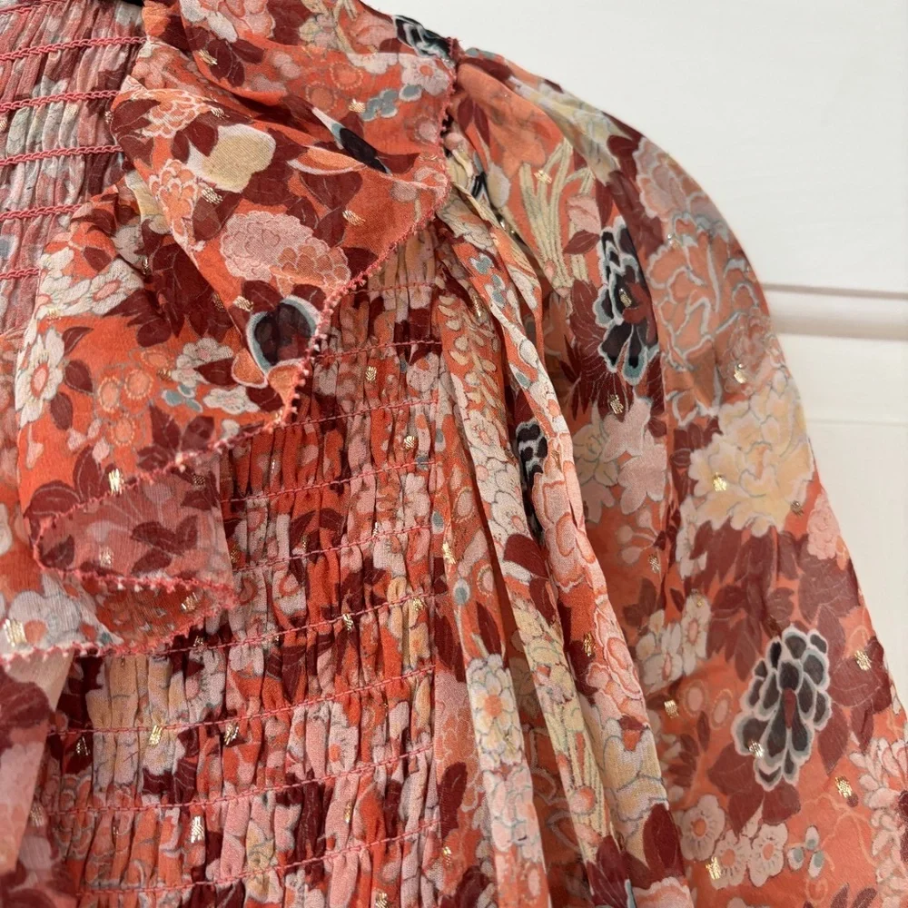 Ulla‎ Johnson Tamara Dress Silk Mini Metallic Floral Print Coral Size 2 Tiered